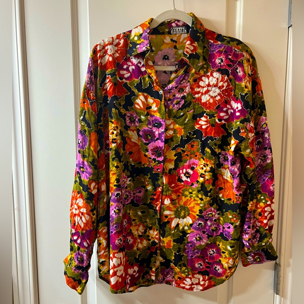#101. Retro Floral Long Sleeve Button Up with Beading Women's Size Medium